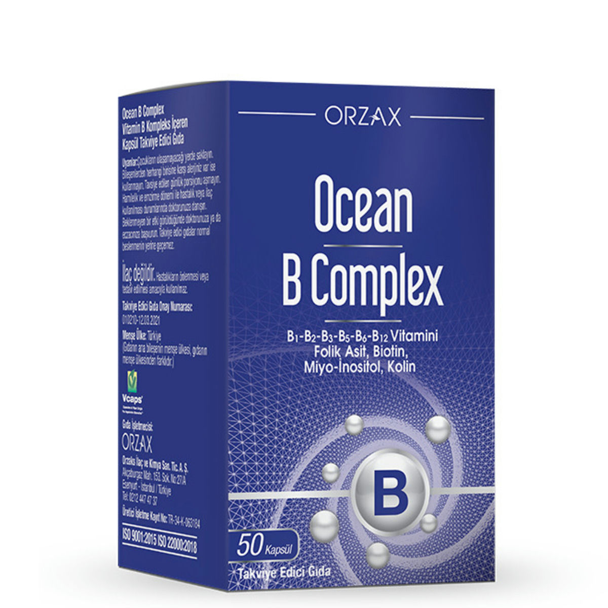 OCEAN B COMPLEX B1,B2,B3,B5,B6,B12,FOLIK ASIT, BIOTIN, INOSITOL, KOLIN ICEREN TAKVIYE EDICI GIDA 50 kapsül