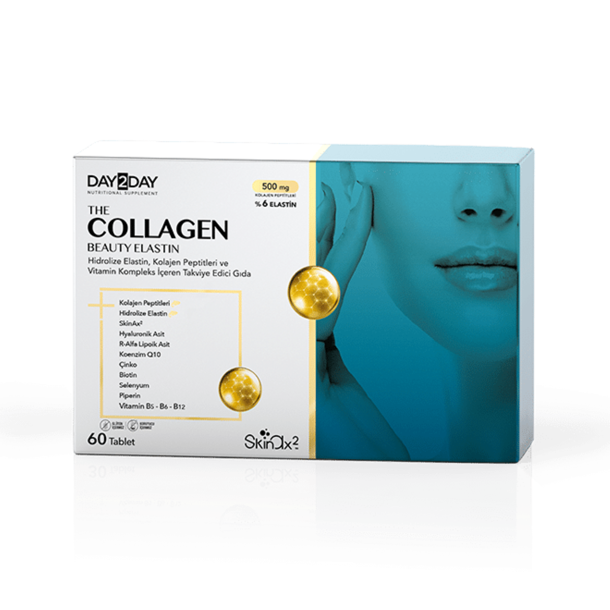 DAY2DAY THE COLLAGEN BEAUTY ELASTIN HIDROLIZE ELASTIN, KOLLAJEN PEPTITLERI VE VITAMIN KOMPLEKS ICEREN TAKVIYE EDICI GIDA 500 mg 30 tablet